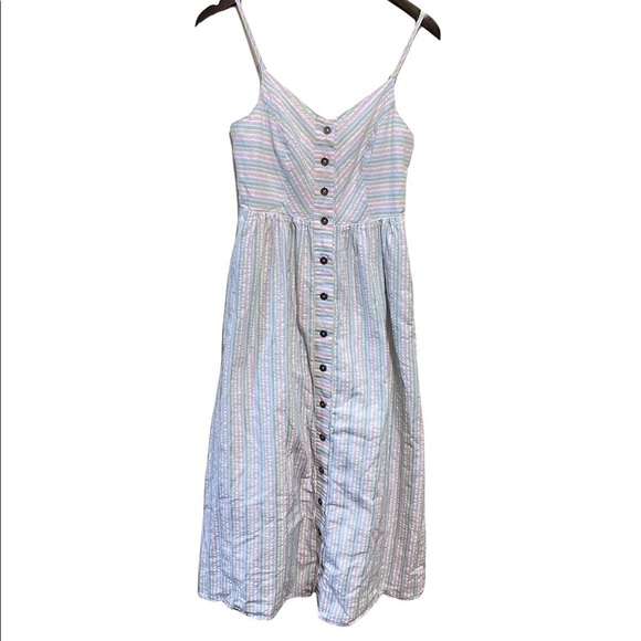 ModCloth Clearly Charisma Pastel Multicolor Stripe Smocked Button Midi Dress - Picture 4 of 7